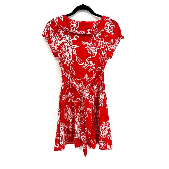 FREE PEOPLE Red Orange Floral Print Linen Button Up Babydoll Mini Dress Size 2 - Picture 4 of 8